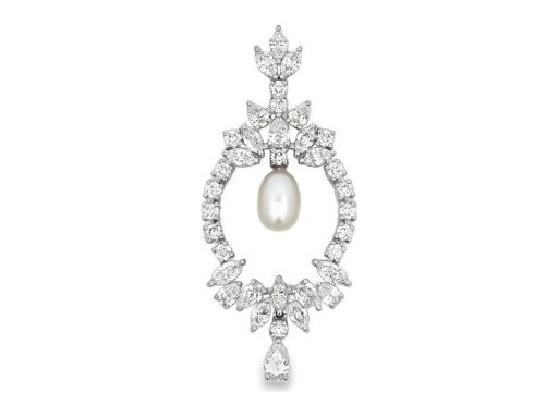 18K White Gold Natural Diamonds and Pearl Pendant with Marquise, Pear, and Round Cuts